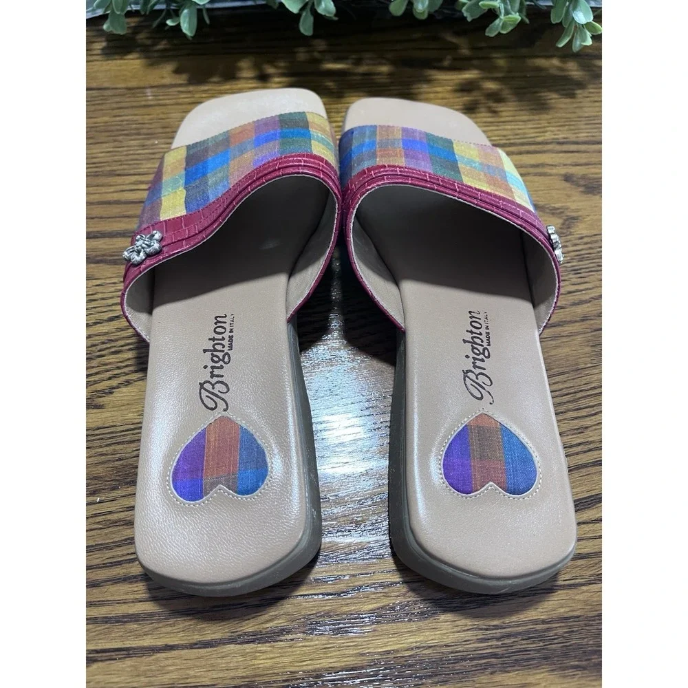 BRIGHTON Belize Ladies Size 7.5 Slip On Sandals Made In Italy Red Plaid